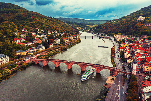 Aerial view of landmark and beautiful Heidelberg city with Neckar river, Germany. Heidelberg town with the famous Karl Theodor old bridge and Heidelberg castle.