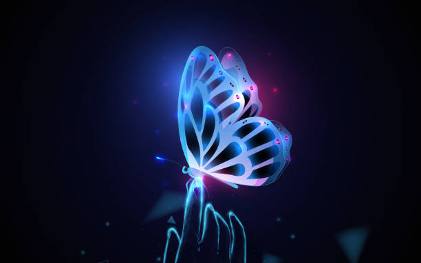 istock Colorful butterfly sitting on finger. Low polygonal and wireframe from dots and lines. Vector illustration 1613833298