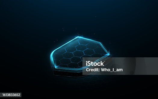 istock Isometric guard shield. Protect and Safe concept. Low polygonal and wireframe from dots and lines. Vector illustration 1613833652