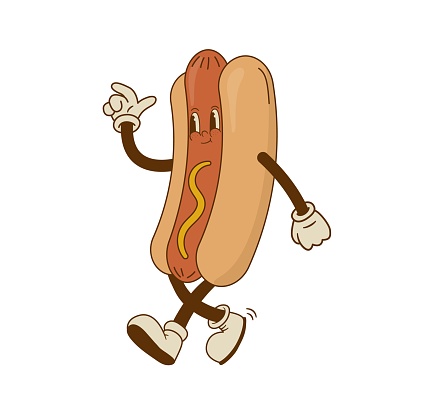 Cartoon hot dog character in retro style. Street food vector illustration. Vintage bratwurst mascot poster