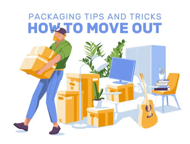 Vector illustration of moving things, a man carrying paper boxes on the background of things in an apartment. The concept of a professional house move. Vector flat illustration