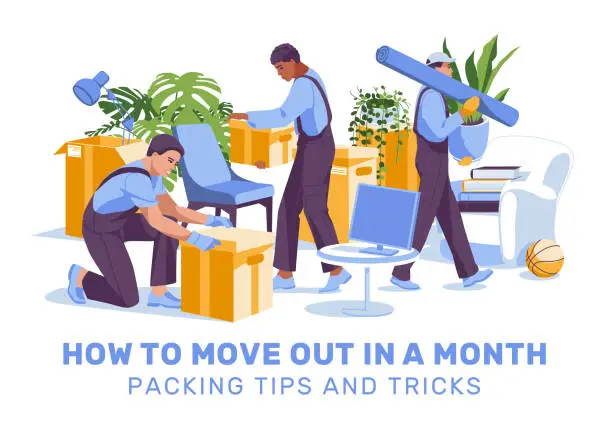Vector illustration of moving household items, moving and storing apartment items. Professional men's moving team. Paper boxes, furniture, plants, monitor, books. Vector flat illustration