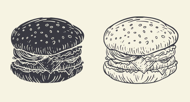 illustrations, cliparts, dessins animés et icônes de hamburger dans un style vintage dessiné à la main. croquis de bande dessinée délicieux fast-food. gravure graphique design pour menu, bannière, couverture. illustration rétro vectorielle. - sandwich sketch cartoon line art