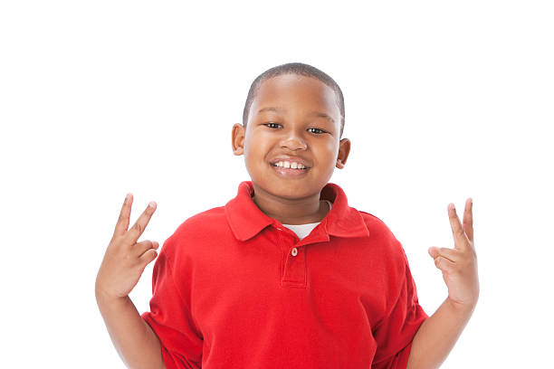 istock Real People: Headshot African American Boy Cool Dude Hand Signals 161385465