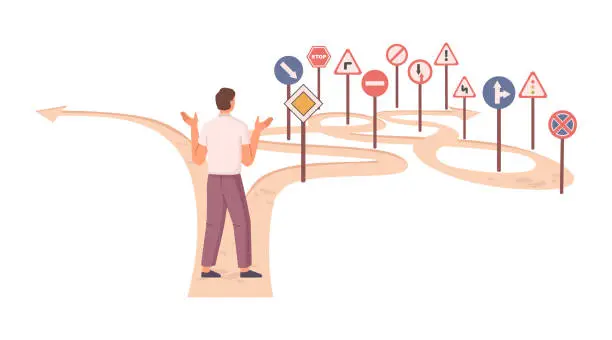 Vector illustration of Easy or shortcut way to win business success, man choosing difficult or easy way, different road signs and stop mark. Vector illustration of hard path and obstacle, competing and best choice