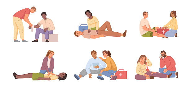 First aid medical procedures, flat cartoon people set. 911 or 112 ambulance and paramedics with patient. Emergency and resuscitation. Heart massage, rescue training, cpr recent scenes