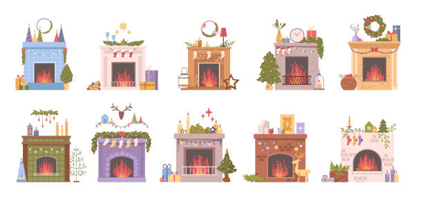 bildbanksillustrationer, clip art samt tecknat material och ikoner med christmas fireplaces set, flat cartoon vector illustration. home fire places with socks, stockings, gifts, candles xmas decoration. warm cozy winter holiday decor with mantelpieces, firewoods - spiselhylla