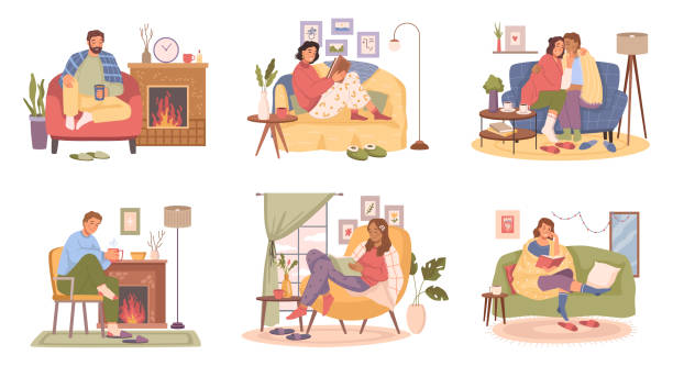 People indoors resting on sofa in warm clothes with hot drink. Vector man and woman rest in armchair, holding cups with tea coffee. Blankets and fireplace, lamp lights, cartoon characters