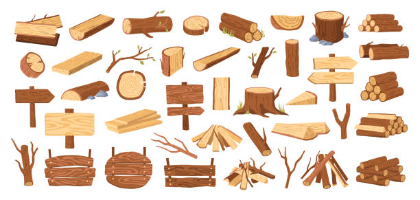 Wood tree logs, stumps and trunks, wooden pieces flat cartoon vector illustration. Lumber and firewood cut branches, lumberjack materials, campfire and woodwork planks big set collection Wood tree logs, stumps and trunks, wooden pieces flat cartoon vector illustration. Lumber and firewood cut branches, lumberjack materials, campfire and woodwork planks big set collection oak fire stock illustrations