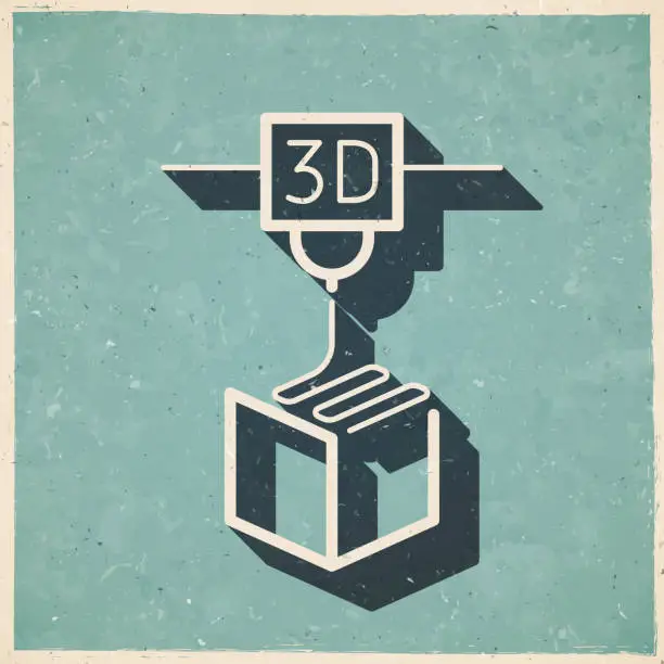 Vector illustration of 3D printer. Icon in retro vintage style - Old textured paper