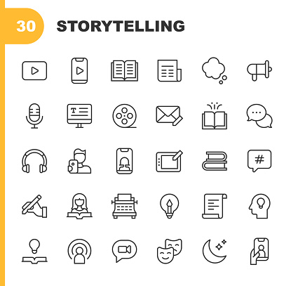 30 Storytelling Line Icons. Advertising, Art, Article, Audio, Audiobook, Book, Brand, Business, Cinema, Communication, Content, Creativity, Drawing, Dream, Hashtag, Headphones, Idea, Imagination, Inspiration, Marketing, Media, Microphone, Movie, Music, Newspaper, Photography, Play, Podcast, Reading, Sharing, Sleep, Social Media, Speech Bubble, Story, Storytelling, Tale, Technology, Text, Text Messaging, Theatre, Typewriter, Video, Video Call, Video Conference, Watching, Writing.