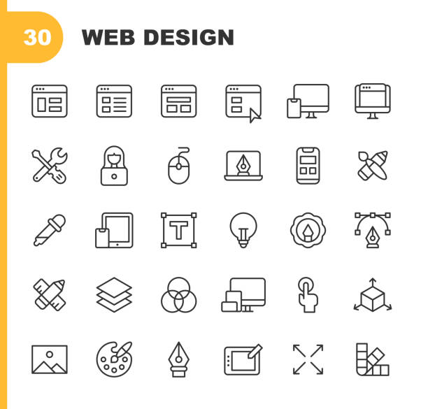 illustrazioni stock, clip art, cartoni animati e icone di tendenza di icone della linea di web design. tratto modificabile, contiene icone come codifica, freelance, interfaccia utente grafica, layout, marketing, programmazione, responsive design, seo, social media, software, interfaccia utente, interfaccia utente, ux, browse - designer