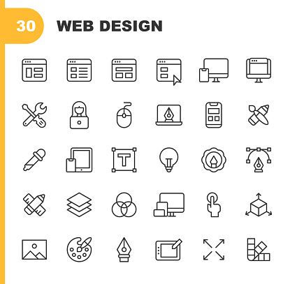 30 Web Design Line Icons. Brainstorming, Business, Coding, Colour Palette, Colour Picker, Computer, Computer Graphics, Content, Data, Design, Designer, Freelance, Graphical User Interface, Graphics Tablet, Homepage, Idea, Image, Internet, Layer, Layout, Marketing, Mobile App, Mobile Phone, Mouse, Office, Pointer, Programming, Remote Work, Responsive Design, Screen, Search Engine Optimisation, Security, SEO, Settings, Smartphone, Social Media, Software, Tablet, Teamwork, Technology, Template, Tools, UI, User Experience, User Interface, UX, Web, Web Banner, Web Browser, Web Development, Website, Zoom.