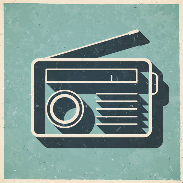 Radio. Icon in retro vintage style - Old textured paper Icon of "Radio" in a trendy vintage style. Beautiful retro illustration with old textured paper and a black long shadow (colors used: blue, green, beige and black). Vector Illustration (EPS file, well layered and grouped). Easy to edit, manipulate, resize or colorize. Vector and Jpeg file of different sizes. retro transistor radio clip art stock illustrations