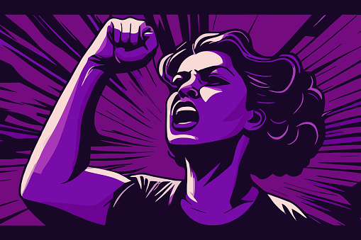 Feminist woman raised up clenched fist. Feminism girl power symbol in flat vector illustration for International Women day. Comic style with rays behind.