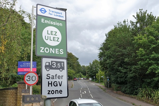 Harefield, London Borough of Hillingdon, England, UK - August 13th 2023: Transport for London, Emission LEZ ULEZ Zone and 3.5 Tonne Safer HGV zone signs