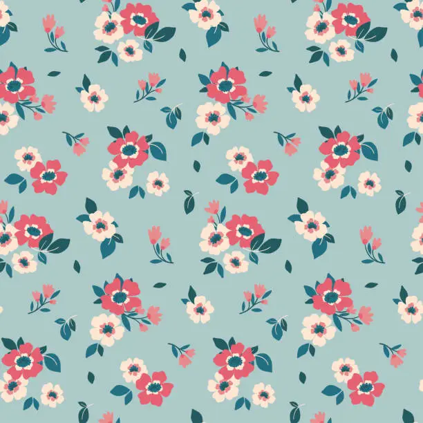 Vector illustration of Seamless floral pattern, liberty ditsy print: small red flowers on a blue background. Vector illustration.