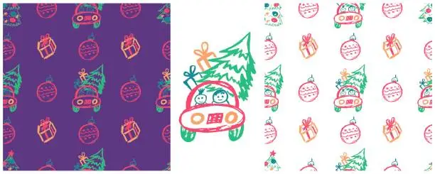 Vector illustration of Set drawings with wax crayons. Print for cloth design, textile, fabric, wallpaper, wrapping paper