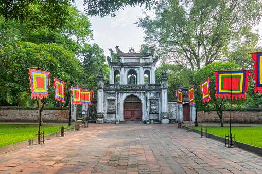 HANOI, VIETNAM - AUG 12, 2023: Van Mieu Quoc Tu Giam or The Temple of Literature was constructed in 1070, first to honor Confucius and In 1076,Quoc Tu Giam as the first university of Vietnam.
