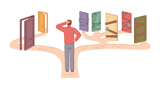 Two mutually exclusive paths to choose from, man choosing between easy and difficult way, many doors and one. Freedom of making choice, changes flat cartoon vector illustration
