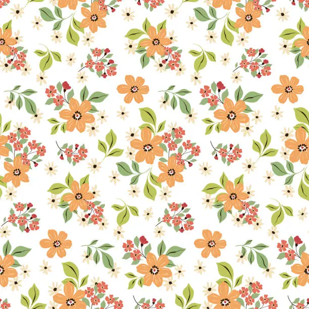 Vector illustration of Seamless floral pattern, liberty ditsy print in rustic style: small decorative art flowers, leaves, bouquets on a white background. Vector illustration.