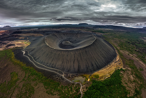 Large Hverfjall volcano crater is Tephra cone or Tuff ring volcano on overcast day in Myvatn area at northern Iceland