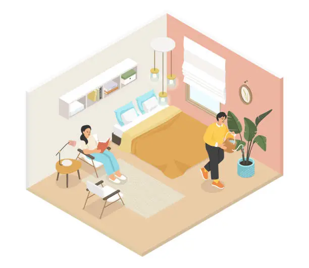 Vector illustration of Family bedroom - modern vector colorful isometric illustration