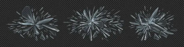 Vector illustration of Broken glass fragments pieces splash on transparent background. Shards of broken glass abstract explosion, 3D crystals of triangle shape crash, shattered particles motion