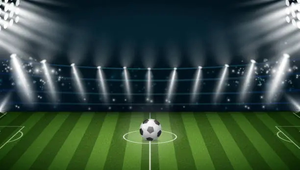 Vector illustration of Stadium field with football ball and spotlights illumination, realistic illustration. Sports match or soccer tournament in arena with bright lights and shiny glowing for focusing attention