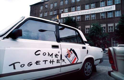 Berlin, Germany - Outdoor Advertising, on Taxi Lada Car, For Cigarettes, (Former East Berlin, Archives) Street Scene.