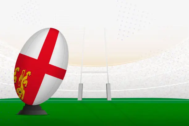Vector illustration of Sark national team rugby ball on rugby stadium and goal posts, preparing for a penalty or free kick.