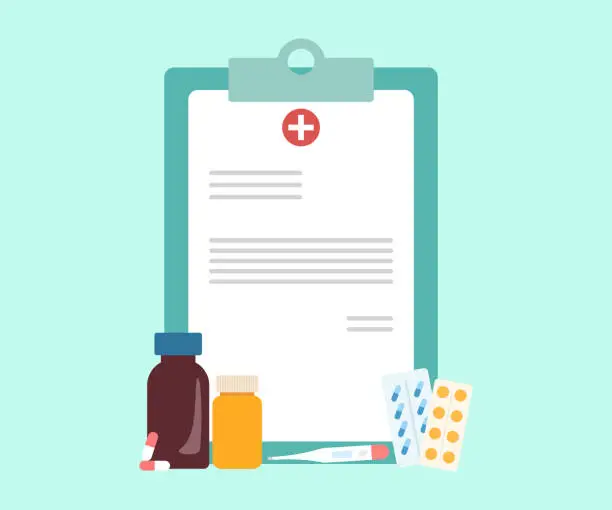 Vector illustration of Medical Items With Patient Chart, Medications, Pills, Bottles And Thermometer