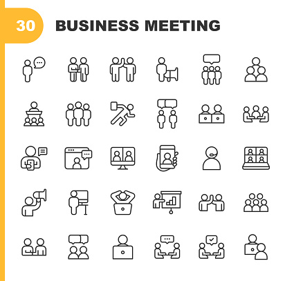 30 Business Meeting Outline Icons. Business Man, Business Woman, Leadership, Office, Communication, Cooperation, Networking, Business Meeting, Presentation, Chat, Video Conference, Success, Team, Teamwork, Business Team, Workplace, Startup, Leader, Strategy, Management, Video Call, Business Presentation, Remote Work, Work From Home, Chart, Diagram, Technology, Time Management, Global Workforce.