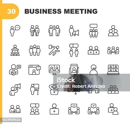 istock Business Meeting Line Icons. Editable Stroke. Pixel Perfect. For Mobile and Web. Contains such icons as Business Man, Business Woman, Leadership, Office, Communication, Cooperation, Networking, Business Meeting, Presentation, Chat. 1613959454