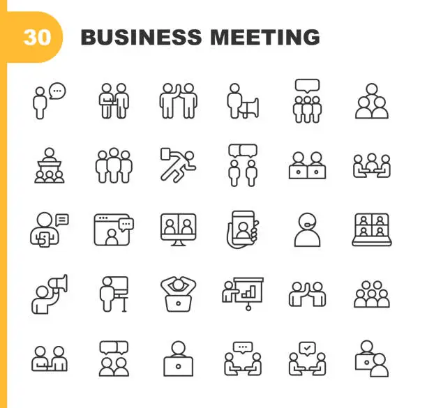 Vector illustration of Business Meeting Line Icons. Editable Stroke. Pixel Perfect. For Mobile and Web. Contains such icons as Business Man, Business Woman, Leadership, Office, Communication, Cooperation, Networking, Business Meeting, Presentation, Chat.