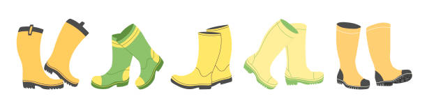 다른 색상의 장화 컬렉션. 고무 장화 가을 개념입니다. 흰색 바탕에 장화 세트. 가을 신발. 벡터 그림 - mud shoe boot wet stock illustrations
