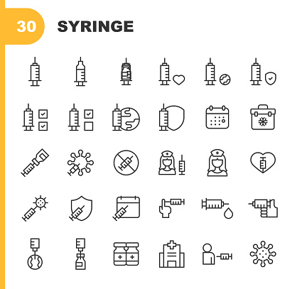 30 Syringe Outline Icons. Appointment, Blood, Checkbox, Coronavirus, Covid Passport, Covid-19, Doctor, Earth, Face Mask, Family, Flask, Health, Healthcare, Heart, Hospital, Immunity, Medical Exam, Medicine, Microscope, Nurse, Passport, Pharmacy, Schedule, Science, Syringe, Travel, Vaccination, Vaccination Rate, Vaccine.