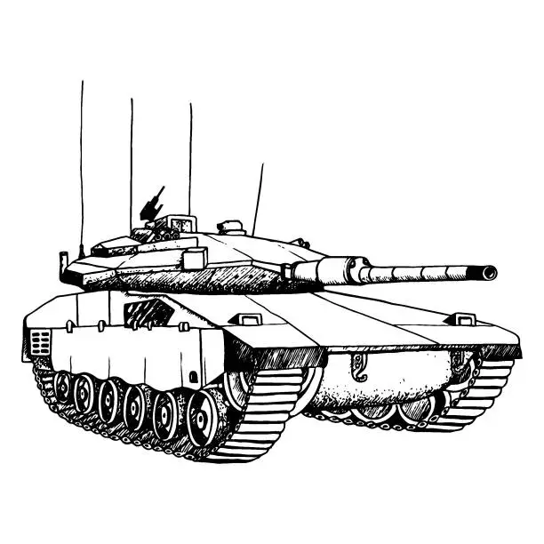 Vector illustration of Tank black and white vector illustration. Merkava mark IV of Israel Defense Forces Military machine. Hand drawn war ink clipart