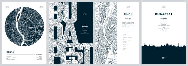 ブダペスト、詳細な都市街路計画の都市地図、シルエット都市のスカイライン、ベクター画像アートワークを持つ旅行ポスターのセット - cartography hungary map global positioning system点のイラスト素材／クリップアート素材／マンガ素材／アイコン素材