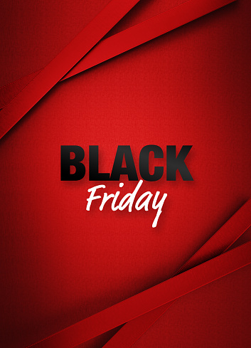 Black Friday and red ribbons over red background. Vertical composition with copy space. Black Friday concept.