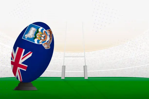 Vector illustration of Falkland Islands national team rugby ball on rugby stadium and goal posts, preparing for a penalty or free kick.