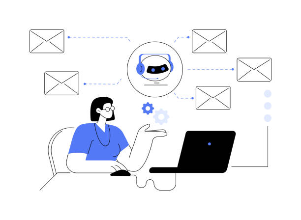 E-mail processing abstract concept vector illustration. E-mail processing abstract concept vector illustration. Woman deals with automation email sending and receiving, machine learning, software to automate business processes abstract metaphor. email marketing automation stock illustrations