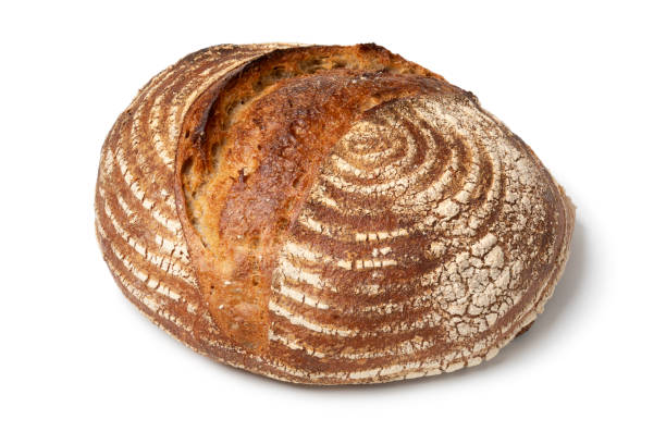 istock Single traditional homemade sourdough bread on white background close up 1614018109