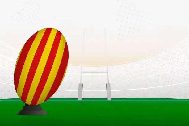 Vector illustration of Catalonia national team rugby ball on rugby stadium and goal posts, preparing for a penalty or free kick.