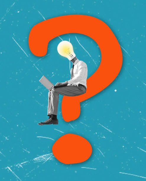 istock Contemporary art collage. A businessman sitting on a question mark and working with a light bulb instead of his head. 1614021550