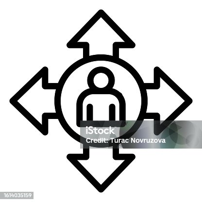 istock Human Avatar and Arrows line icon, social distancing concept, social communication sign on white background, person in circle arrows outward outline style. Vector graphics. 1614035159