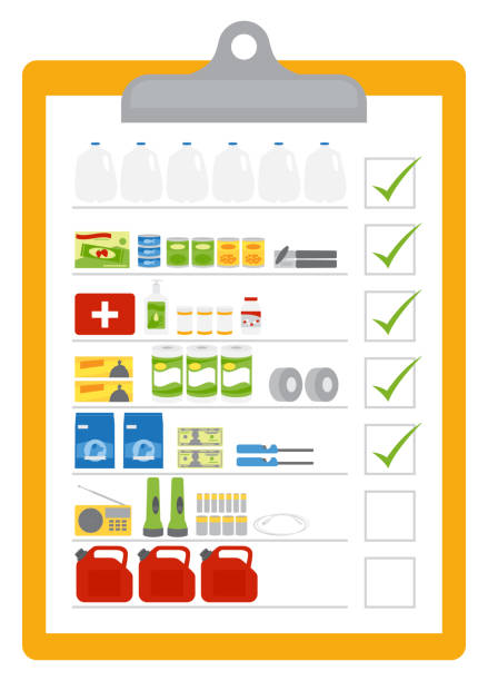 Supplies checklist A clipboard checklist for hurricane and disaster preparedness items. disaster planning stock illustrations