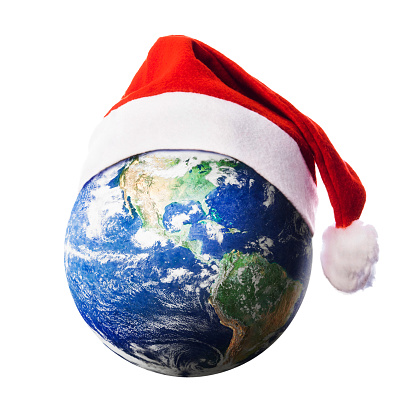 World Christmas party: our blue planet is wearing a Santa Claus hat, representing Christmas around the world. Public domain satellite image from https://earthobservatory.nasa.gov/images/885/earth-from-space