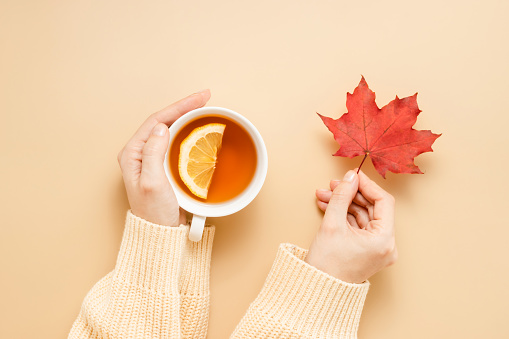 Woman wearing yellow sweater hold cup of tea with lemon and autumn leaf, copy space, orange background. Hands with tea and maple leaf, cozy fall concept