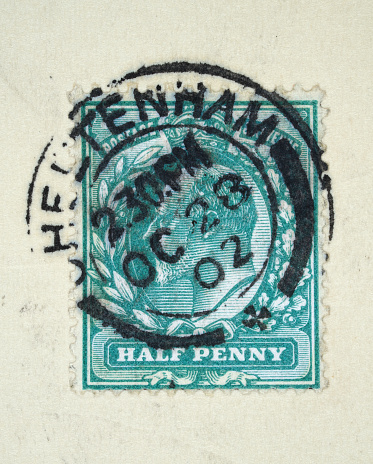Old British Half penny stamp with postmark, King Edward VII, 1902